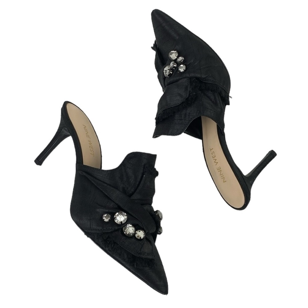 Nine West Black Satin Rhinestone Macadamia Pointed Toe Dress Mules - Picture 4 of 9